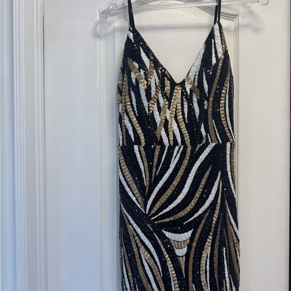 Marciano Black and Gold Sequin Backless Dress